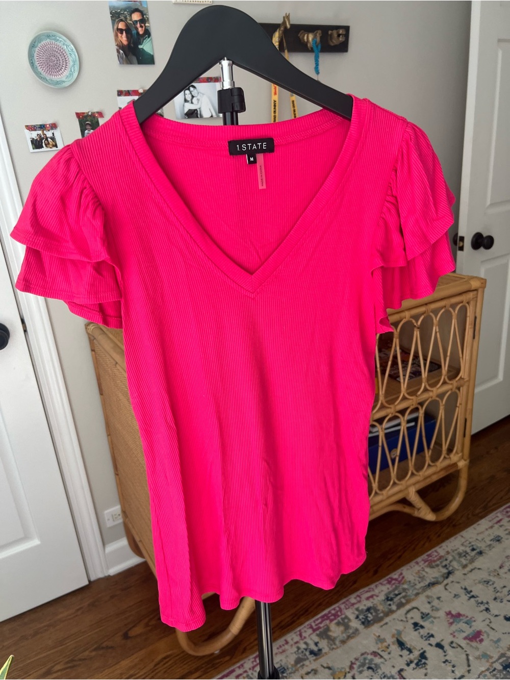 1. State NWOT Neon Pink V-Neck Ruffle Sleeve Tee
